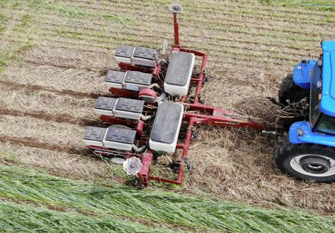 Farm tractor pulling an implement through a cover crop